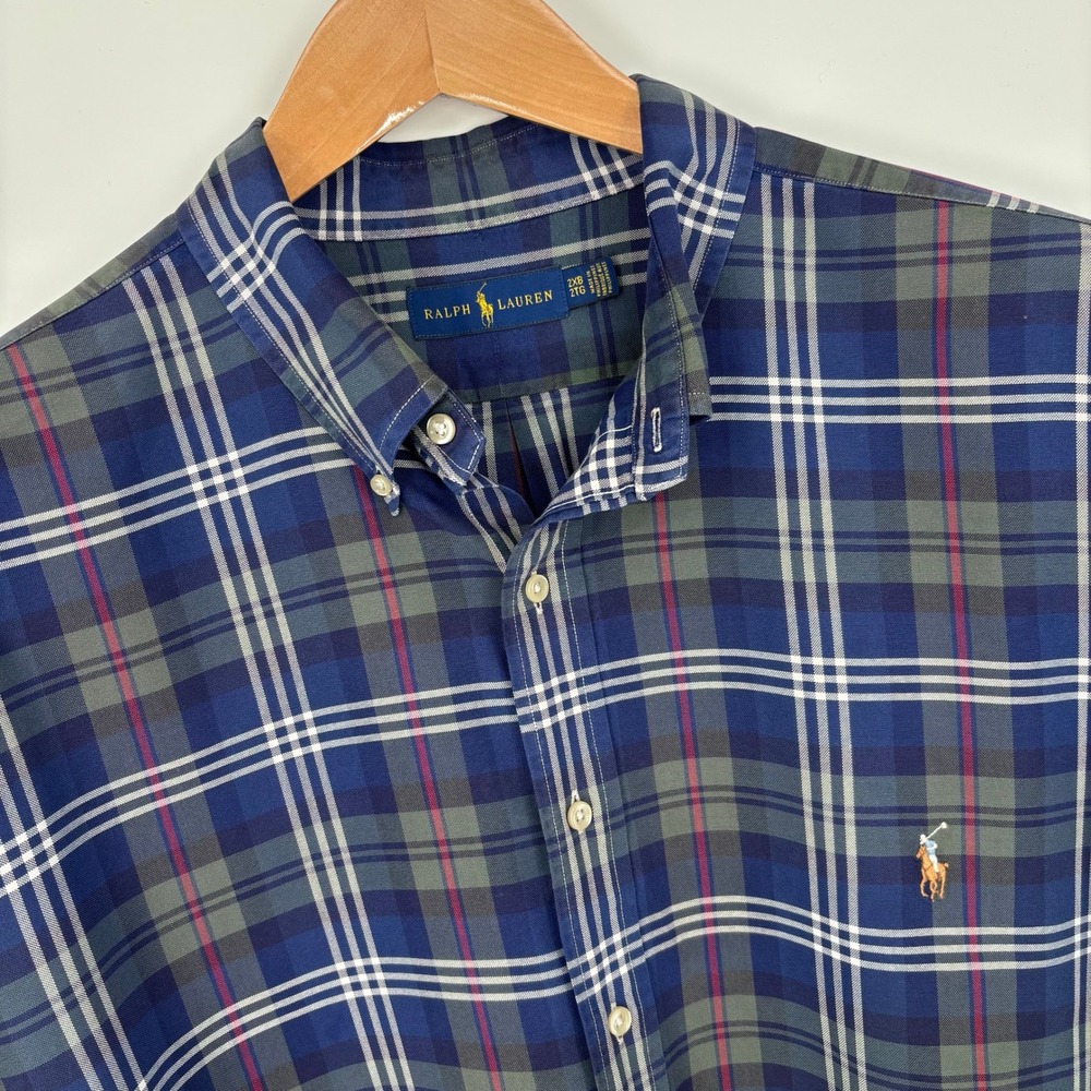 Polo Ralph Lauren Oxford Shirt Mens 2XB Blue Green Plaid Heavyweight Preppy